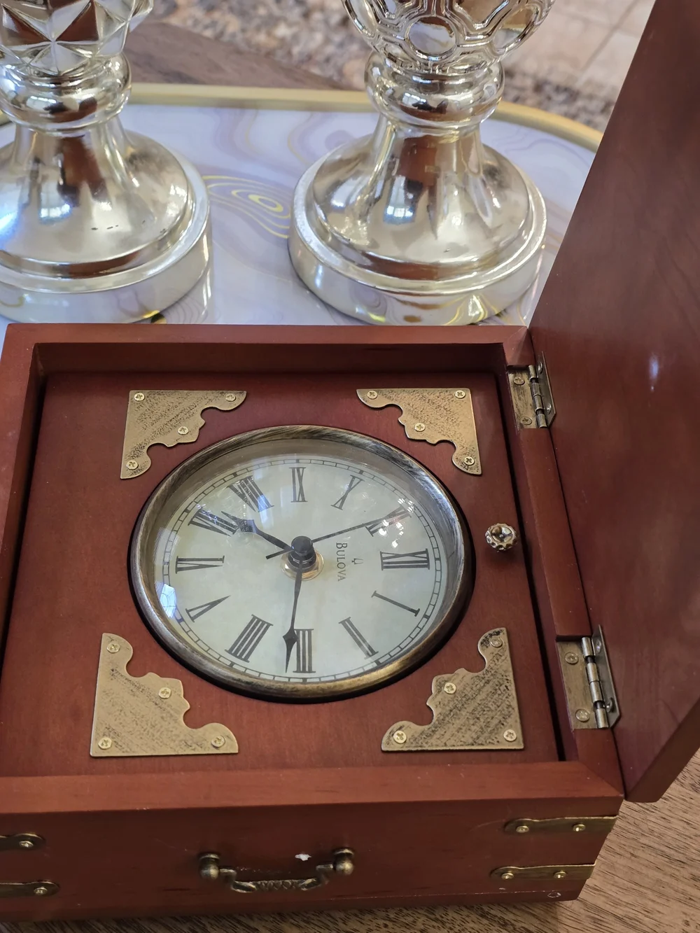 Bulova Wooden Box Wall Clock in Brown with Brass Accents